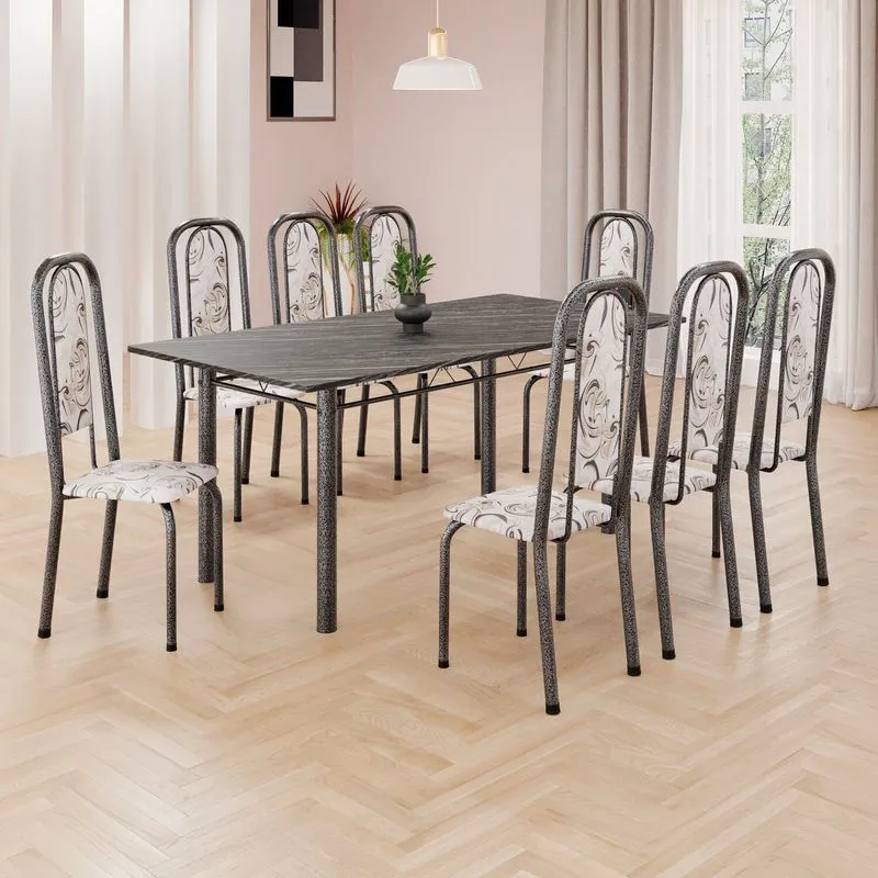 Conjunto De Mesa Retangular 180x75cm Tampo Ardósia Indiana 8 Cadeiras Lavínea Arabesco/ Mart Prata