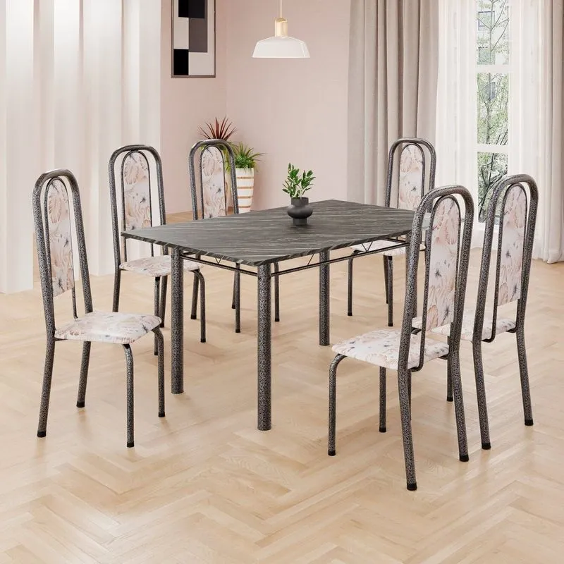 Conjunto De Mesa Retangular 140x75cm Tampo Ardósia Indiano 6 Cadeiras Lavínea Botanic Bege / Mart Prata