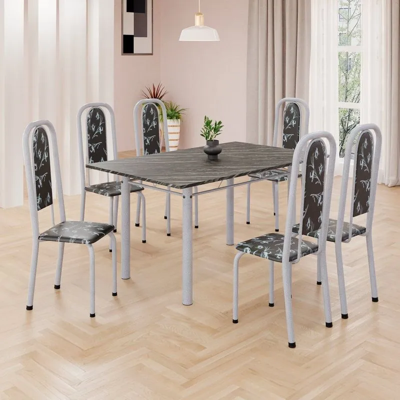 Conjunto De Mesa Retangular 140x75cm Tampo Ardósia Indiano 6 Cadeiras Lavínea Preto Floral/ Mart Pérola