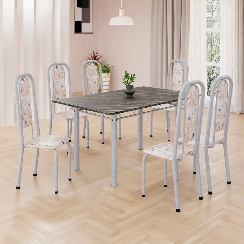 Conjunto De Mesa Retangular 140x75cm Tampo Ardósia Indiano 6 Cadeiras Lavínea Botanic Bege / Mart Pérola