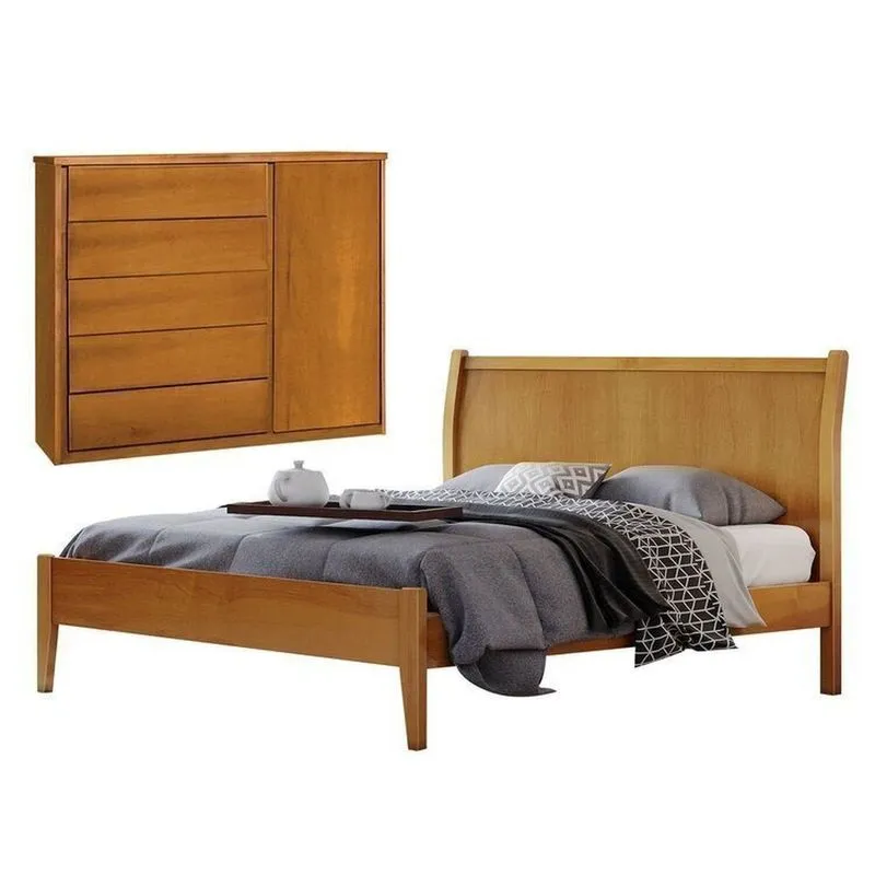 Conjunto Quarto De Casal Cama 140cm E Cômoda 5 Gavetas Com Sapateiras Amêndoa Mel
