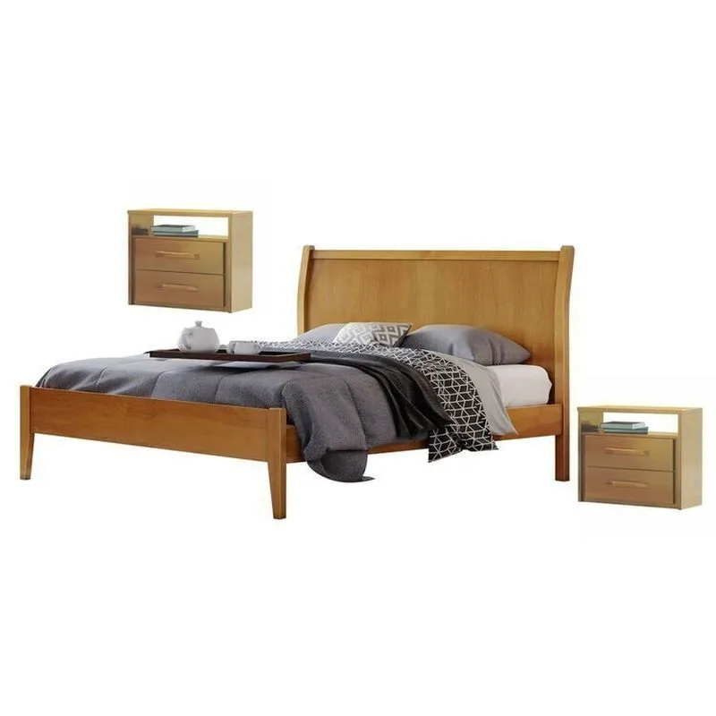 Conjunto Quarto De Casal Cama 140cm E 2 Mesas De Cabeceira 2 Gavetas Amêndoa Mel