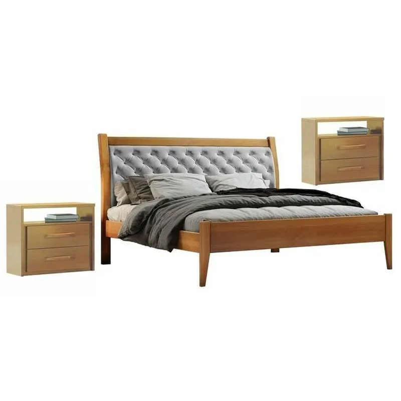 Conjunto Quarto De Casal Cama Queen 160cm E 2 Mesas De Cabeceira 2 Gavetas Unique Amêndoa Mel/cinza Claro