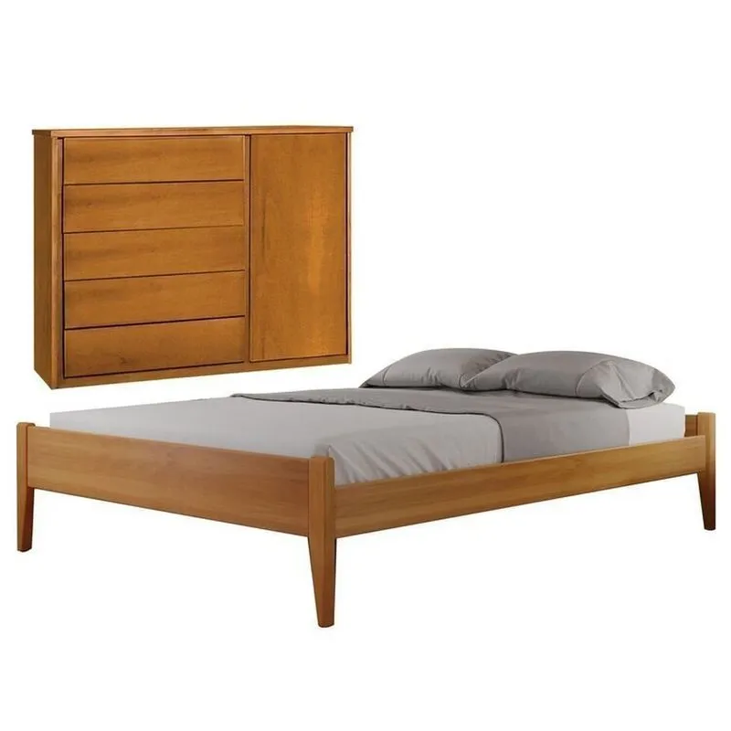 Conjunto Quarto De Casal Cama Em Madeira Maciça E Cômoda 5 Gavetas Com Sapateira Unique Amêndoa Mel