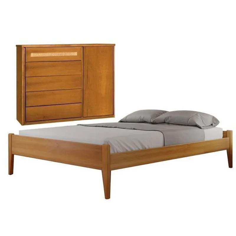 Conjunto Quarto De Casal Cama Queen Madeira Maciça E Cômoda Com Rattan 5 Gavetas Com Sapateira Amêndoa Mel