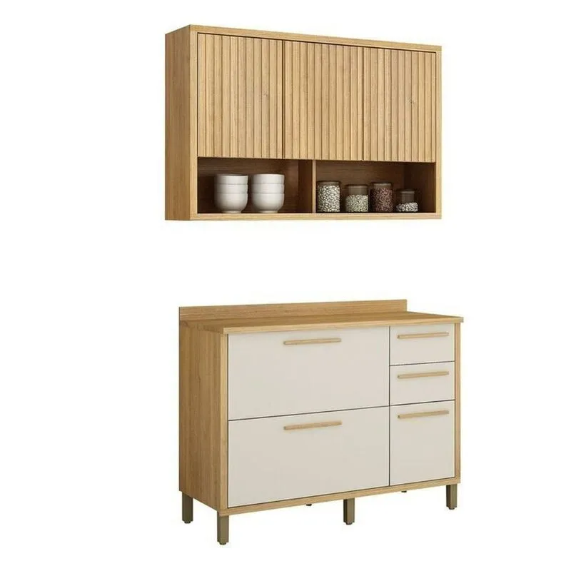 Conjunto Modulado De Cozinha Balcão 3 Portas 2 Gavetas E Armário Aéreo 120cm 3 Portas Ripado Torino Bege/cinamomo/off White Cinamomo/off White