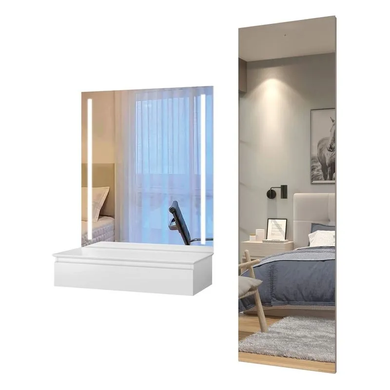 Conjunto Penteadeira Camarim 1 Gaveta 122x90cm Paris E Espelho Retangular 180cm Flora Branco