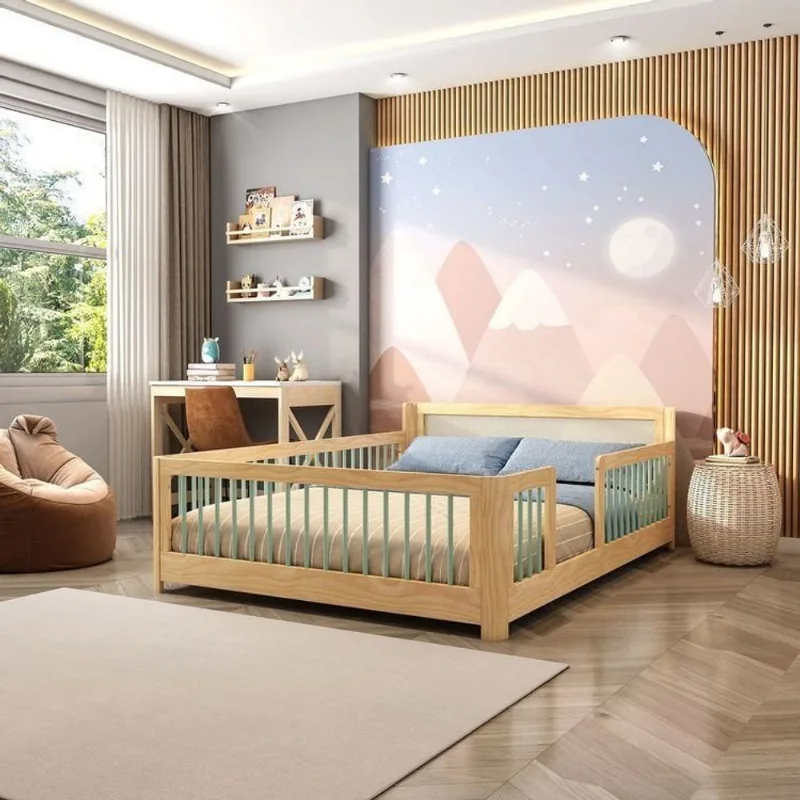 Cama Infantil Casal Montessoriano Wave com Rattan Casatema Bege/Marrom/Verde Natural/Verde