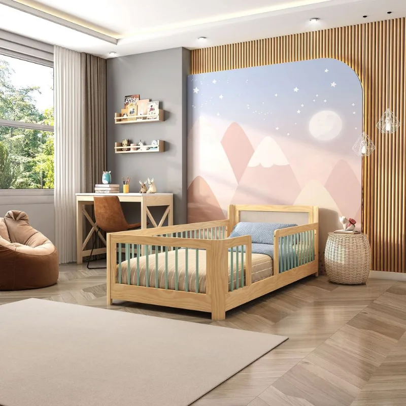 Cama Infantil Solteiro Montessoriano Wave com Rattan Casatema Bege/Marrom/Verde Natural/Verde