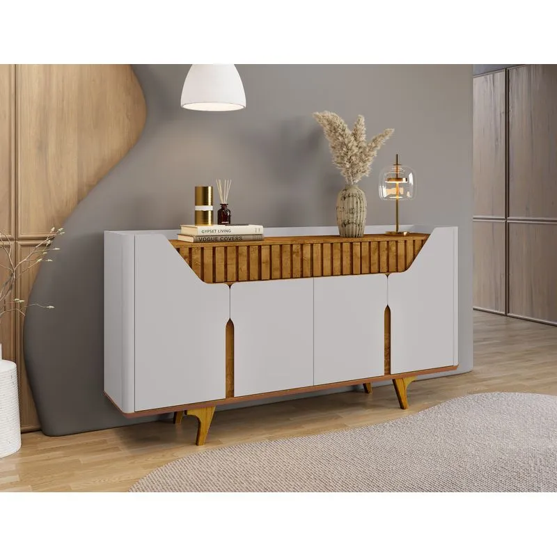 Aparador Buffet Portas Em Mdf Ripado Real Pés De Madeira Maciça Danúbio Off-white/naturalle