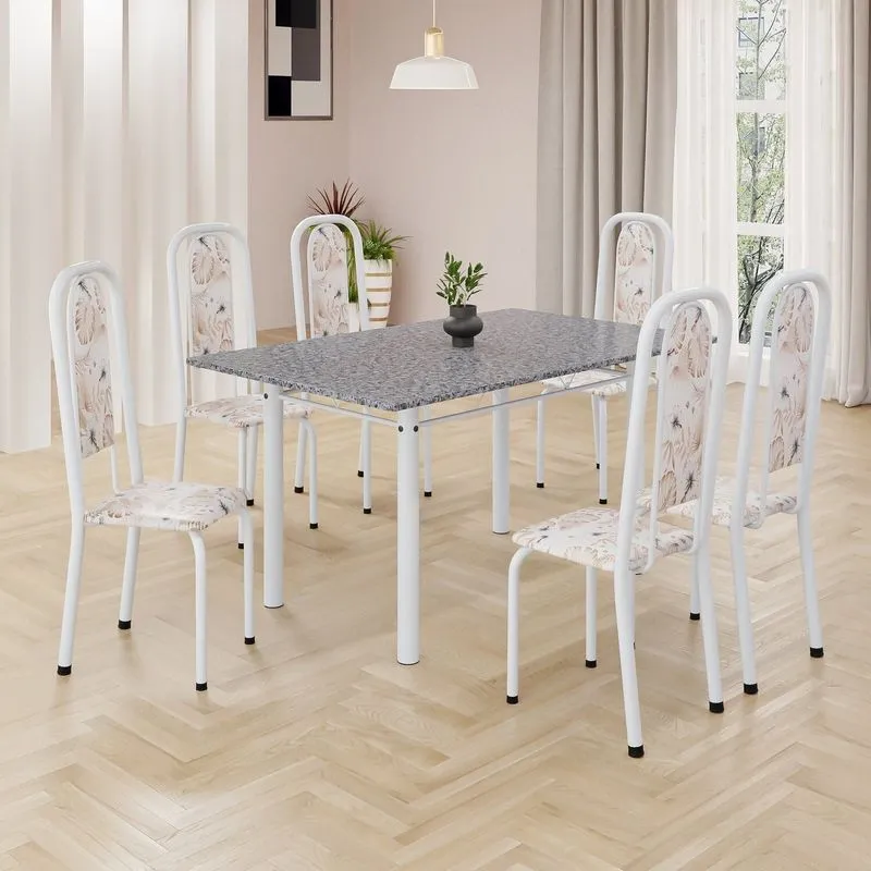 Conjunto De Mesa Retangular 140x75cm Tampo Granito Ocre 6 Cadeiras Lavínea Botanic Bege / Branco