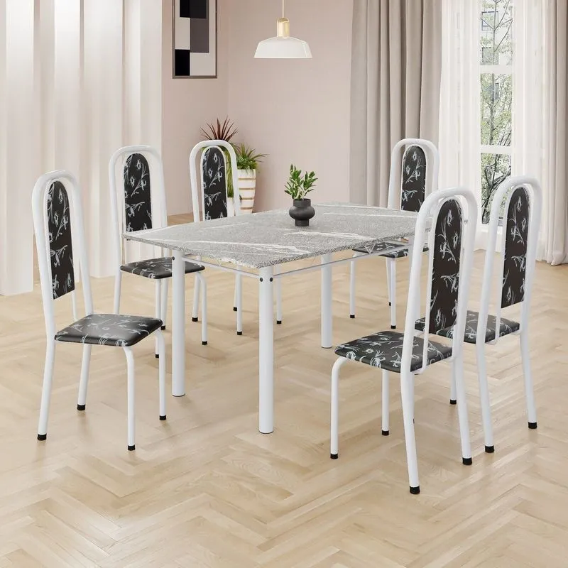 Conjunto De Mesa Retangular 140x75cm Tampo Granito Topázio 6 Cadeiras Lavínea Preto Floral/ Branco