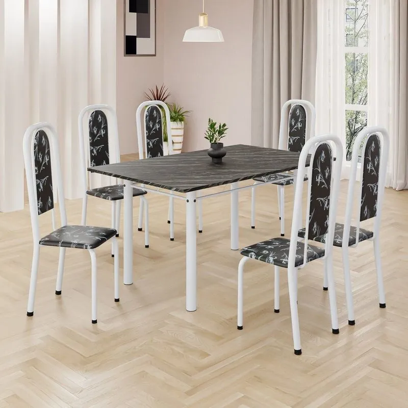 Conjunto De Mesa Retangular 140x75cm Tampo Ardósia Indiano 6 Cadeiras Lavínea Preto Floral/ Branco