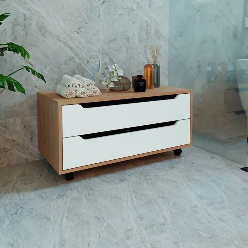 Kit Com 2 Gabinetes Para Banheiro Com 2 Gavetas Rodízio Bn3643 Amêndoa/branco