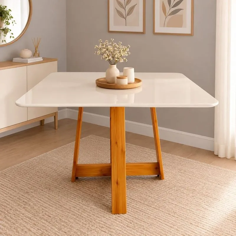 Mesa De Jantar Ibiza 90x90cm Pés Em Madeira Maciça Tampo Laqueado Com Vidro Off-white/mel