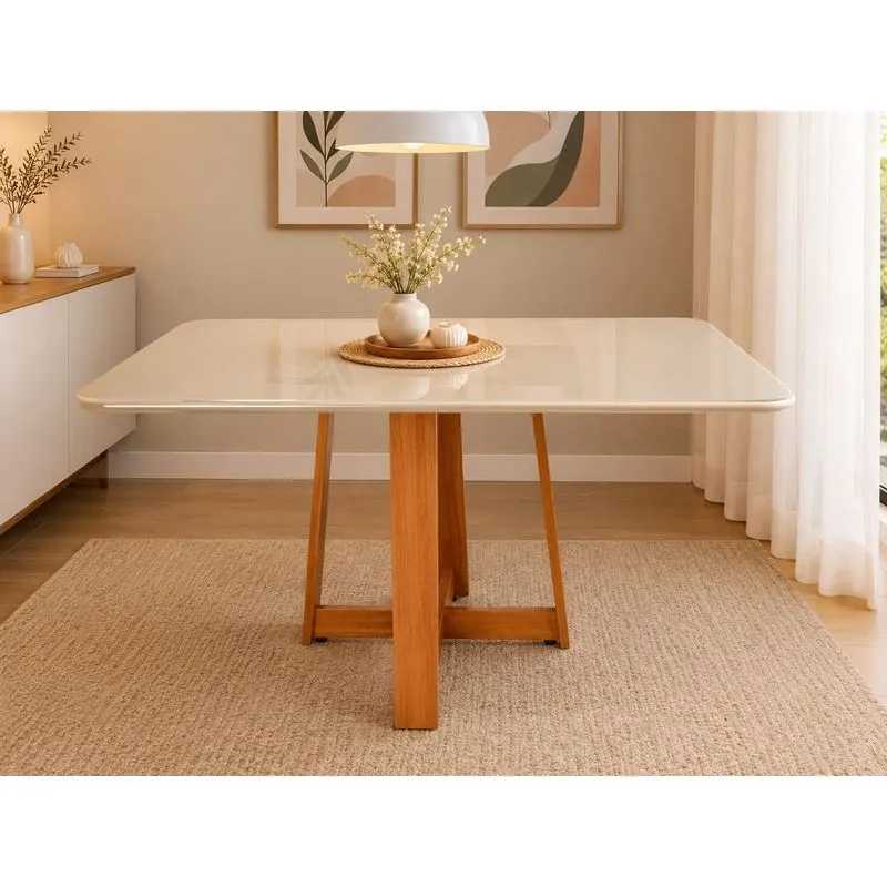 Mesa De Jantar Ibiza 90x90cm Pés Em Madeira Maciça Tampo Laqueado Com Vidro Branco/mel