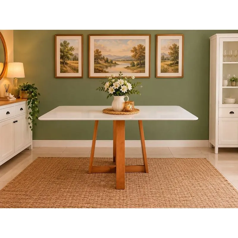 Mesa De Jantar Ibiza 135x90cm Pés Em Madeira Maciça Tampo Laqueado Com Vidro Off-white/mel