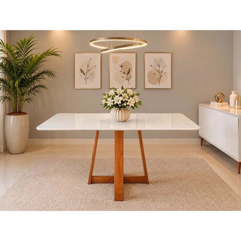 Mesa De Jantar Ibiza 120x80cm Pés Em Madeira Maciça Tampo Laqueado Com Vidro Branco/mel