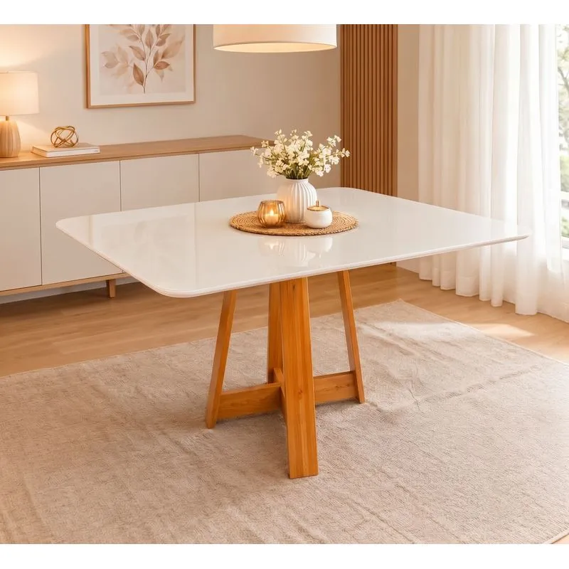 Mesa De Jantar Ibiza 135x90cm Pés Em Madeira Maciça Tampo Laqueado Com Vidro Branco/mel