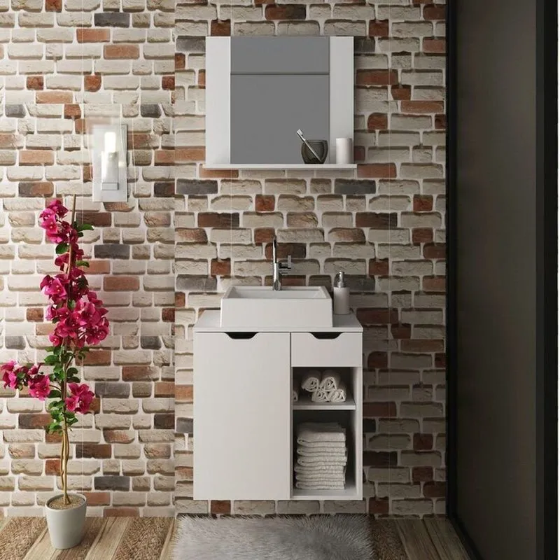 Conjunto De Banheiro Com Gabinete Suspenso 60cm E Espelheira Com 1 Prateleira Branco