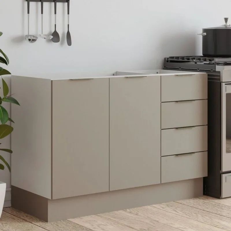 Balcão Pia Planejado 120cm sem Tampo com Rodapé Puxador 150mm Ipanema CabeCasa MadeiraOriginals Br Fendi Trama/Branco