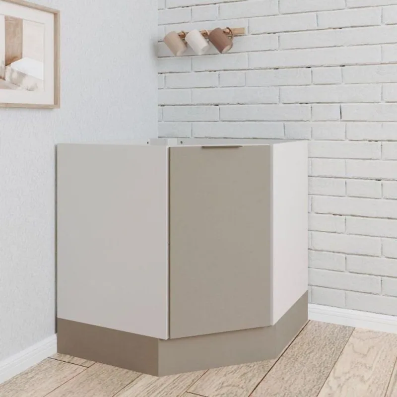 Balcão Canto Oblíquo Planejado sem Tampo com Rodapé Puxador 150mm Ipanema CabeCasa MadeiraOrigina Fendi Trama/Branco