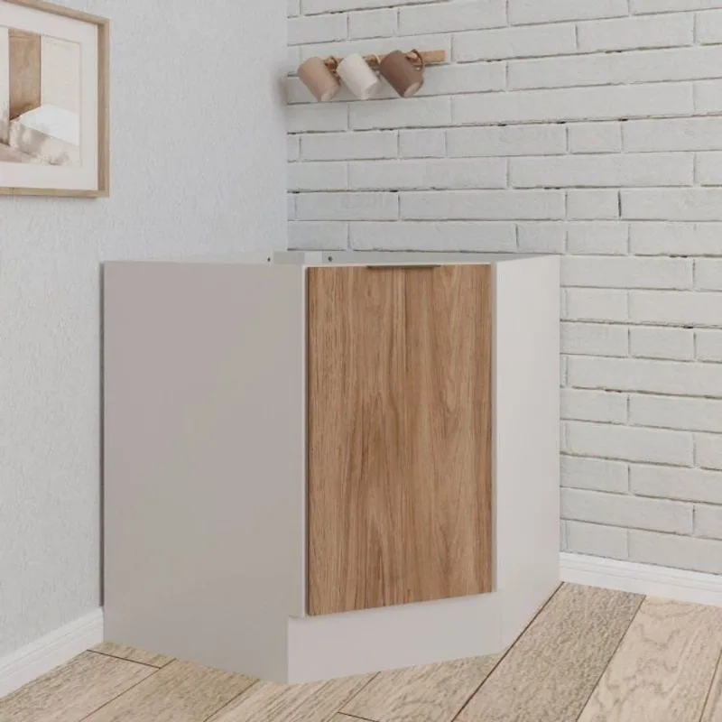Balcão Canto Oblíquo Planejado sem Tampo com Rodapé Puxador 150mm Ipanema CabeCasa MadeiraOrigina Acácia/Branco
