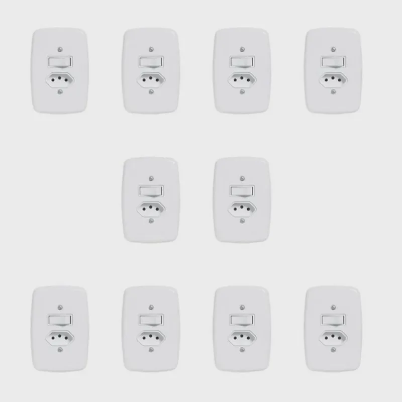 Conjunto de 10 Interruptores de 1 Tecla Simples e Tomada 2p + t 20A, com Placa 4x2 Branco