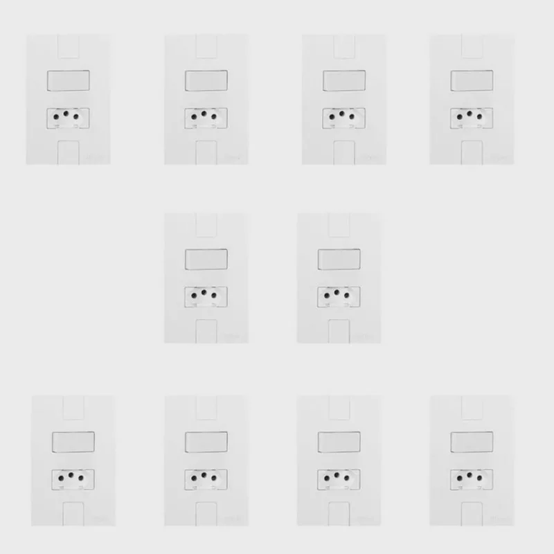 Conjunto de 10 Interruptores de 1 Tecla Simples e Tomada 2p + t 20A, Modular, com Placa 4x2 Branco