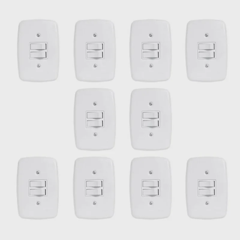 Conjunto de 10 Interruptores de 2 Teclas Simples com Placa 4x2 Branco
