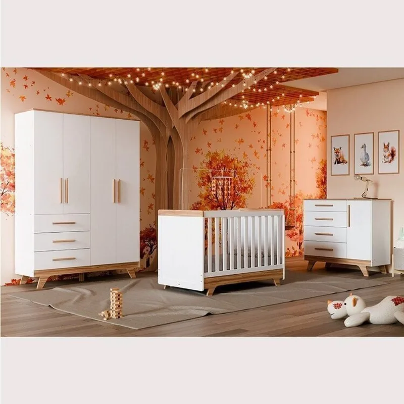 Quarto de Bebê Completo com Guarda Roupa Cômoda e Berço 100% MDF Kakau Retrô Yescasa Branco Brilho/Amêndoa Branco Brilho/Amêndoa