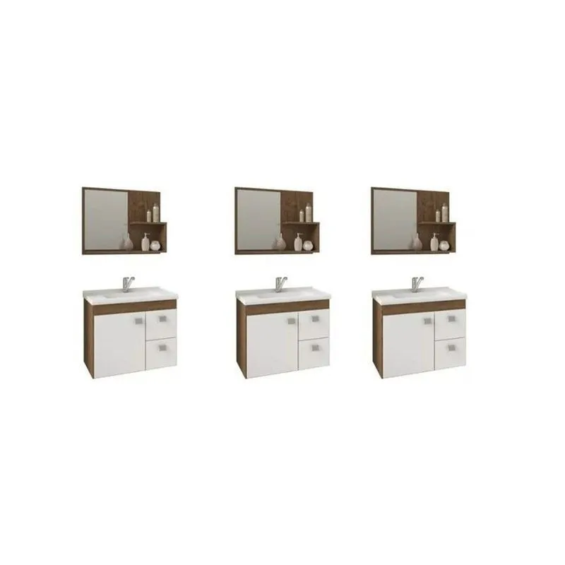 Kit Com 3 Gabinetes Suspensos Com Cuba E Espelheira Isa Amêndoa/branco
