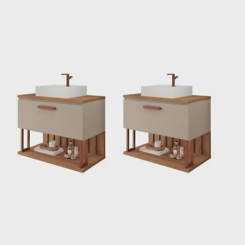 Kit com 2 Gabinetes Suspensos com Cuba 60cm Mari Espresso Móveis Cappuccino