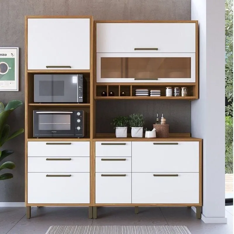 Cozinha Compacta 194cm Com 3 Peças Vidro Reflecta E Torre Quente 100% Mdf Vicenza Espresso Móveis Amêndoa/branco