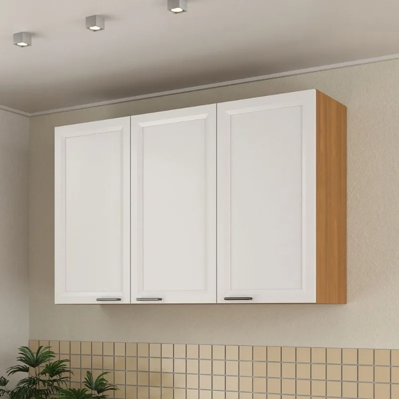 Armário Aéreo Planejado Triplo 120cm Soho CabeCasa MadeiraOriginals Branco/Freijó Freijó/Branco