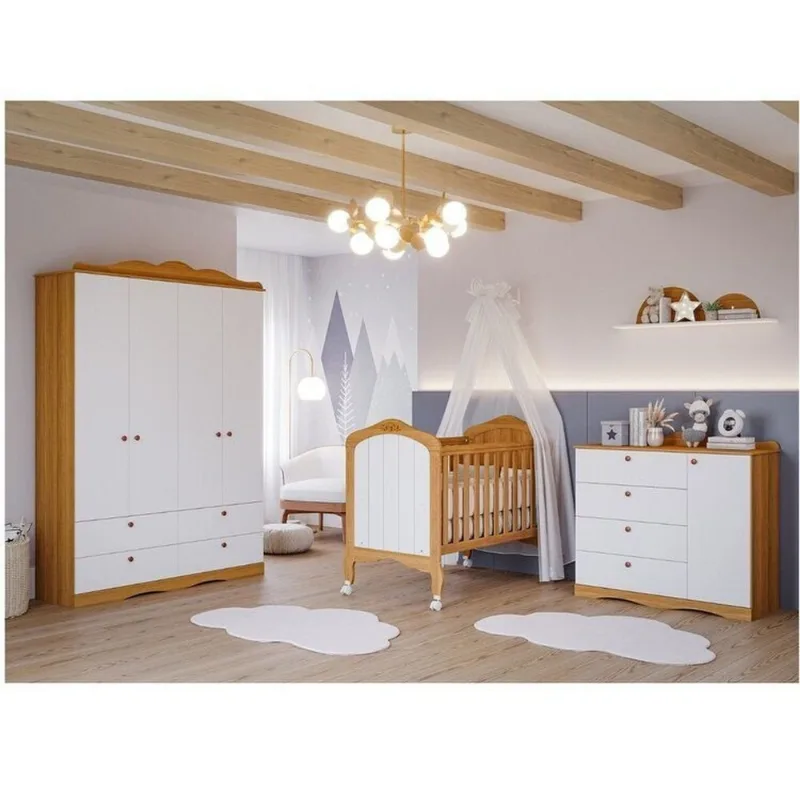 Quarto de Bebê 3 Peças com Berço e Cômoda 4 Gavetas e Guarda-Roupa 4 Portas 4 Gavetas Aquarela E Nature/Branco