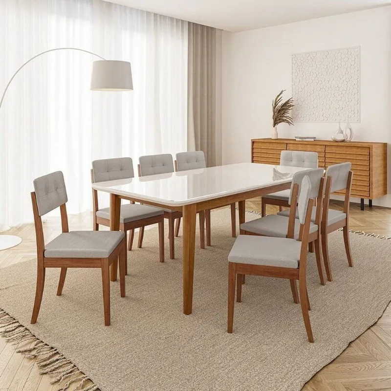 Conjunto Mesa de Jantar Tangará 210cm e 8 Cadeiras Estofadas Tiê CabeCasa MadeiraOriginals Bege/Ca Caramelo/Bege Claro