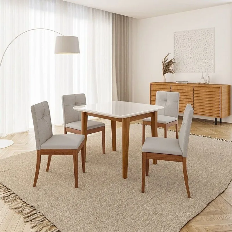 Conjunto Mesa de Jantar Tangará 95cm e 4 Cadeiras Estofadas Tiê Maxx CabeCasa MadeiraOriginals Beg Caramelo/Bege Claro