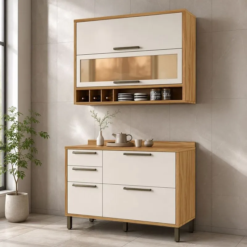 Cozinha Compacta 120cm Com 2 Peças Vidro Reflecta E 3 Gavetas 100% Mdf Vicenza Espresso Móveis Amêndoa/off White