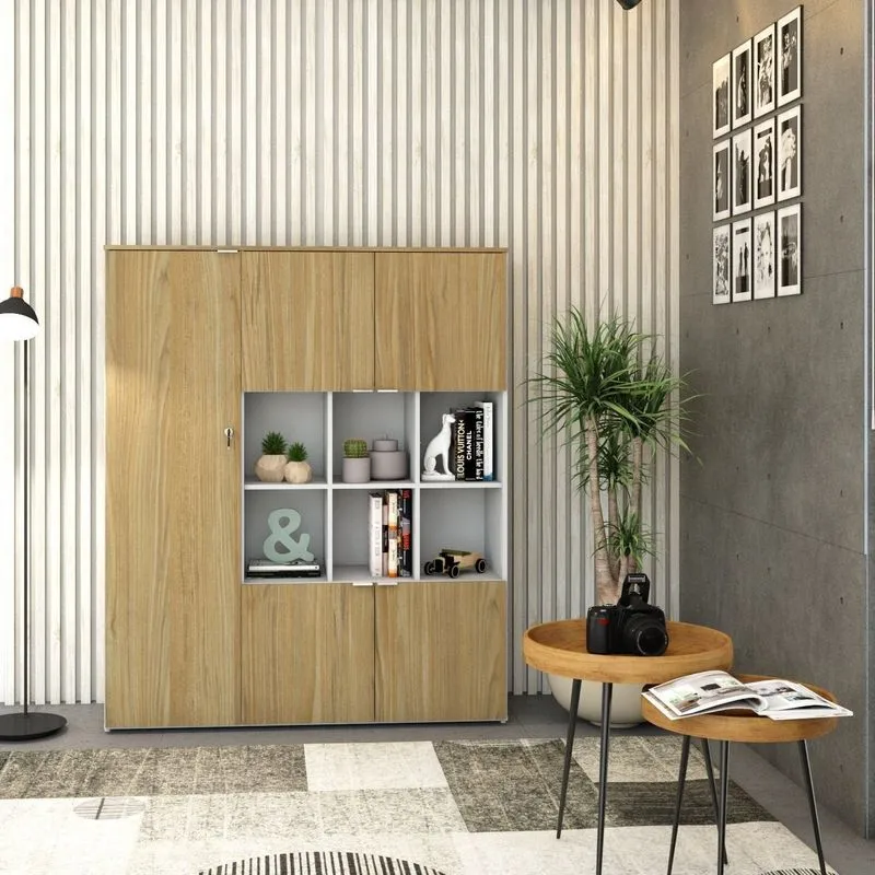Armário Alto Com Nichos E 5 Portas 161,5cm X 135cm X 42cm Branco/vermont Oak