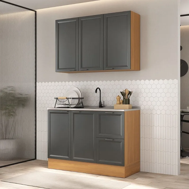 Cozinha Compacta Planejada 2 Peças 1 Aéreo 1 Balcão Soho CabeCasa MadeiraOriginals Cinza/Freijó/Grafite Freijó/Grafite