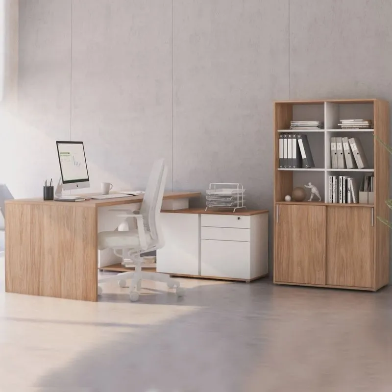 Kit 2 Peças com Mesa Escritório Diretor em L Spring e Armário com 2 Portas Yescasa