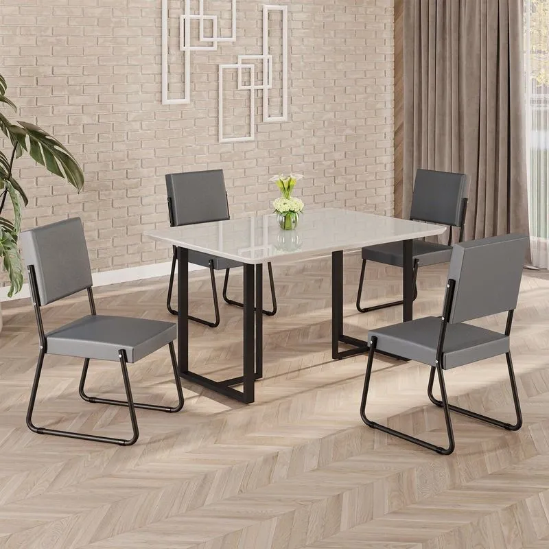 Conjunto Sala De Jantar Mesa 120x90cm Base Lunna Tampo Mdf Laca Com Vidro Napoli Grafite / Preto