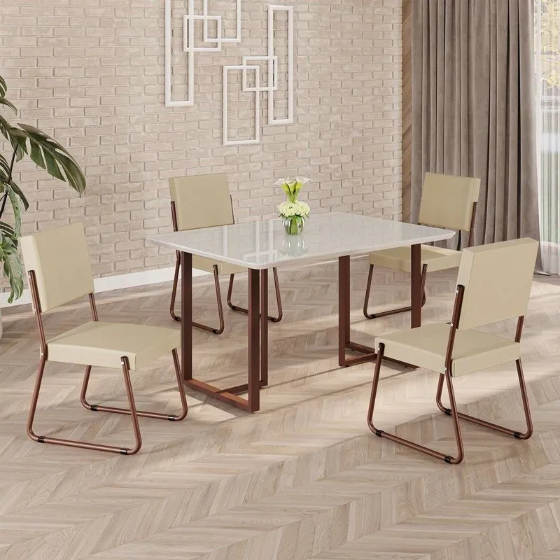 Conjunto Sala De Jantar Mesa 120x90cm Base Lunna Tampo Mdf Laca Com Vidro Napoli Creme / Marrom