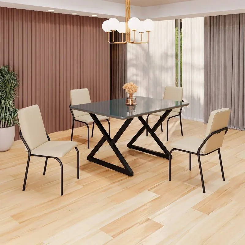 Conjunto Sala De Jantar Mesa 120x90cm Base Império Tampo Mdf Laca Com Vidro Malibu Creme / Preto