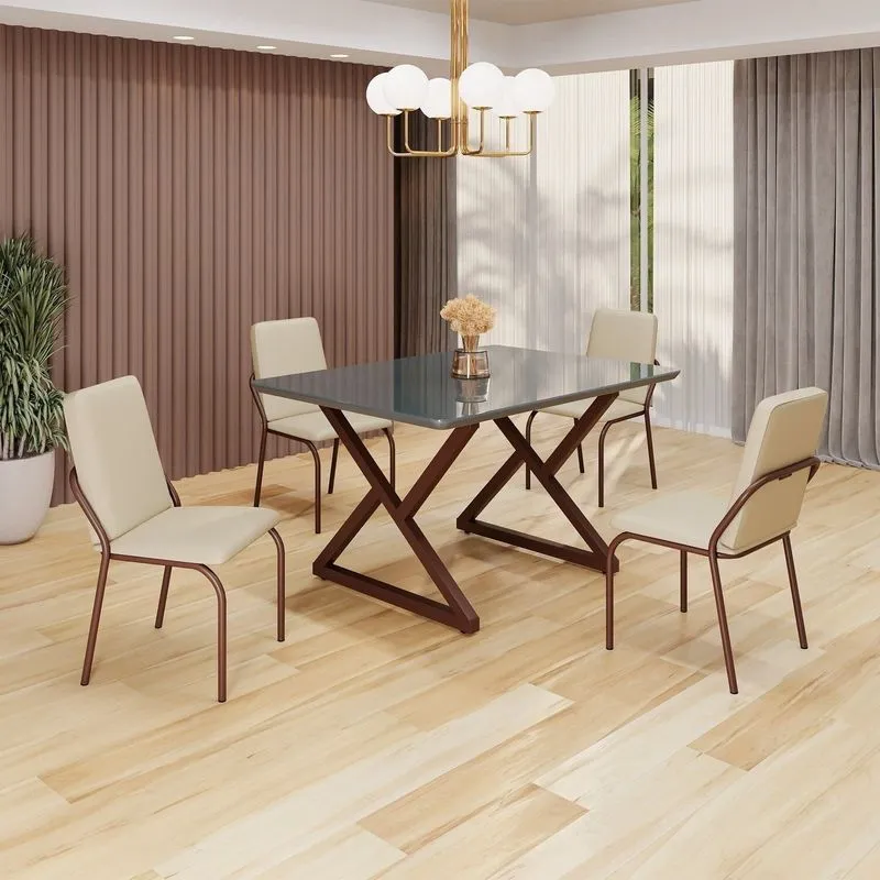 Conjunto Sala De Jantar Mesa 120x90cm Base Império Tampo Mdf Laca Com Vidro Malibu Creme / Marrom