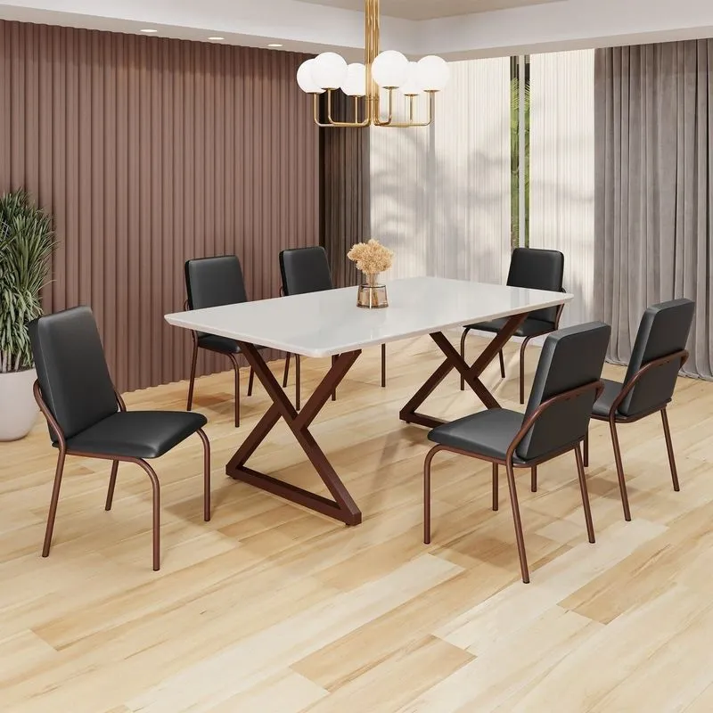 Conjunto Sala De Jantar Mesa 160x90cm Base Império Tampo Mdf Laca Com Vidro Malibu Preto/marrom