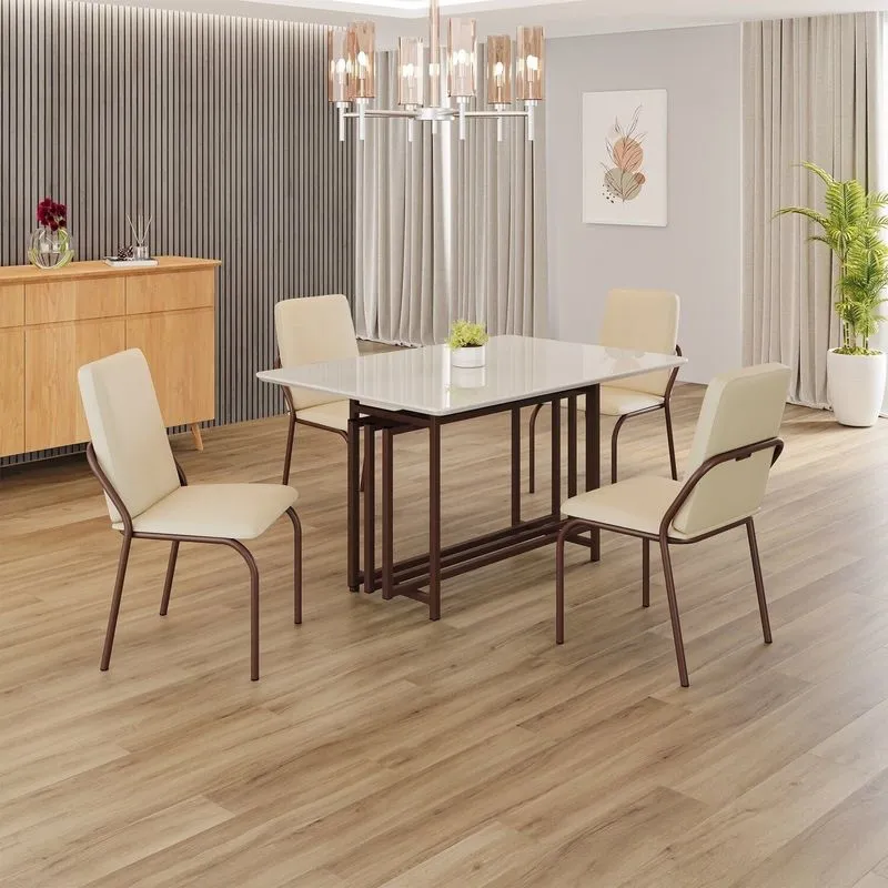 Conjunto Sala De Jantar Mesa 120x90cm Base Pérola Tampo Mdf Com Vidro Malibu Creme / Marrom