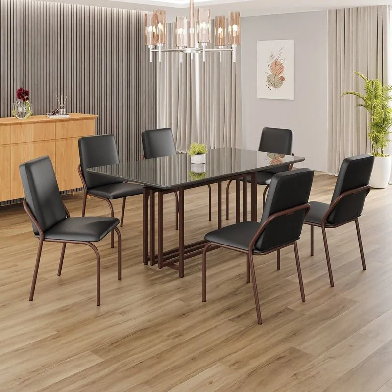 Conjunto Sala De Jantar Mesa 160x90cm Base Pérola Tampo Mdf Com Vidro Malibu Preto/ Marrom