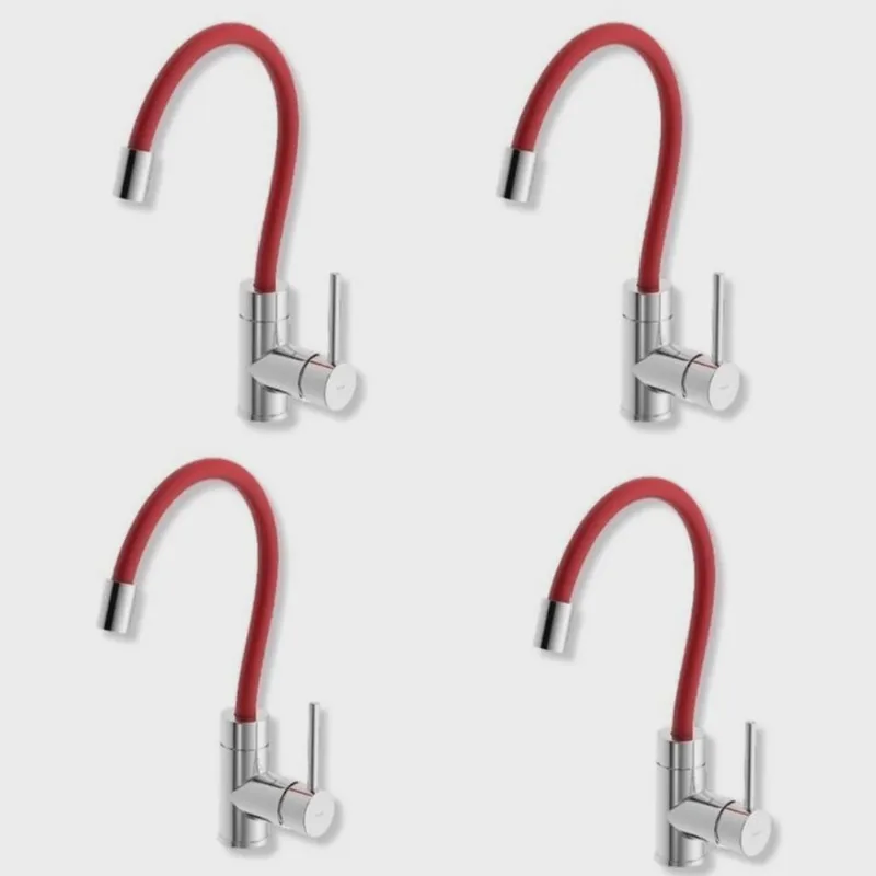 Kit 4 Torneira Monocomando para Cozinha de Mesa Bica Flexível Incepa Colors Vermelho/Cromado